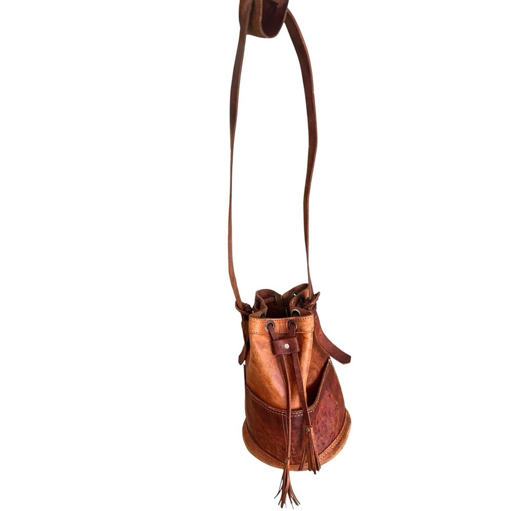 Vintage Genuine Leather Bucket Bag Distressed Leather Drawstring Front Pockets - Picture 3 of 16